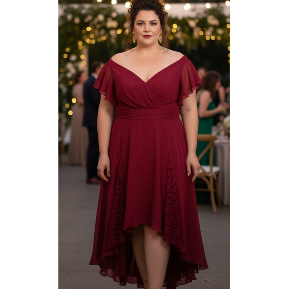 JJ's House Dress Womens Large Red Flutter Sleeve Lace Insert Chiffon Formal Gown